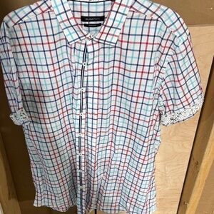 Bugatchi White Shirt with Red and Blue Grid Plaid
